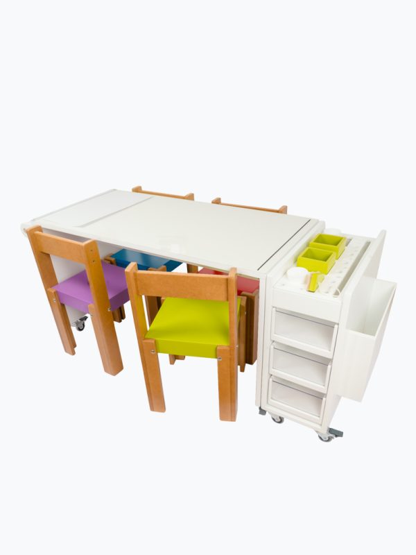 Conjunto Mesa Arte grande + Gavetero de Arte + 4 sillas