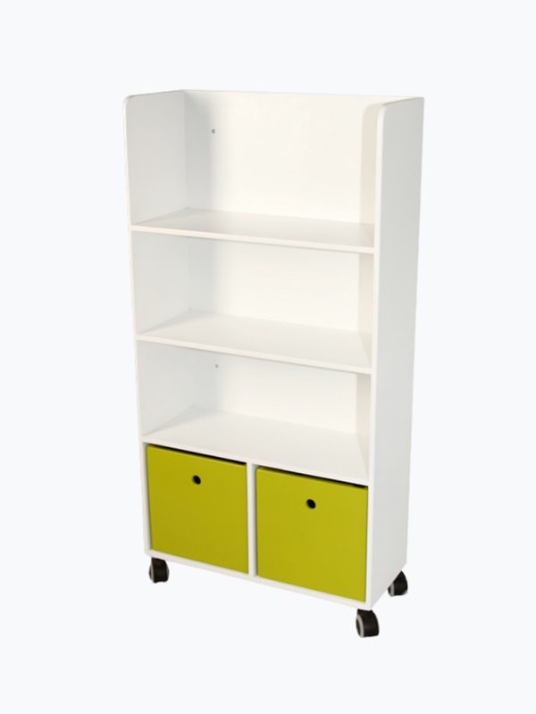 Biblioteca con guardajuguetes con ruedas con pizarra