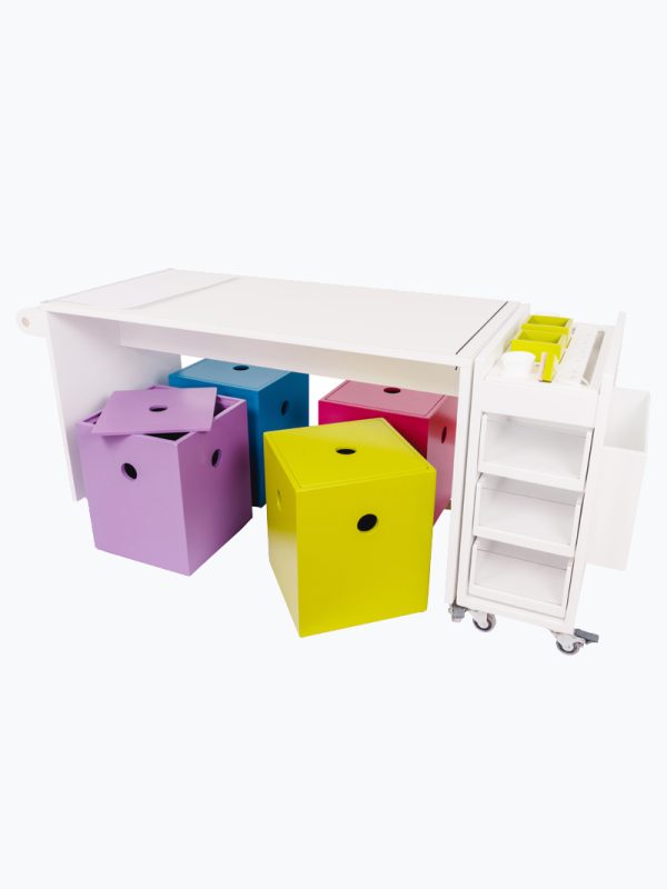 Conjunto Mesa Arte grande + Gavetero de Arte + 4 cubos